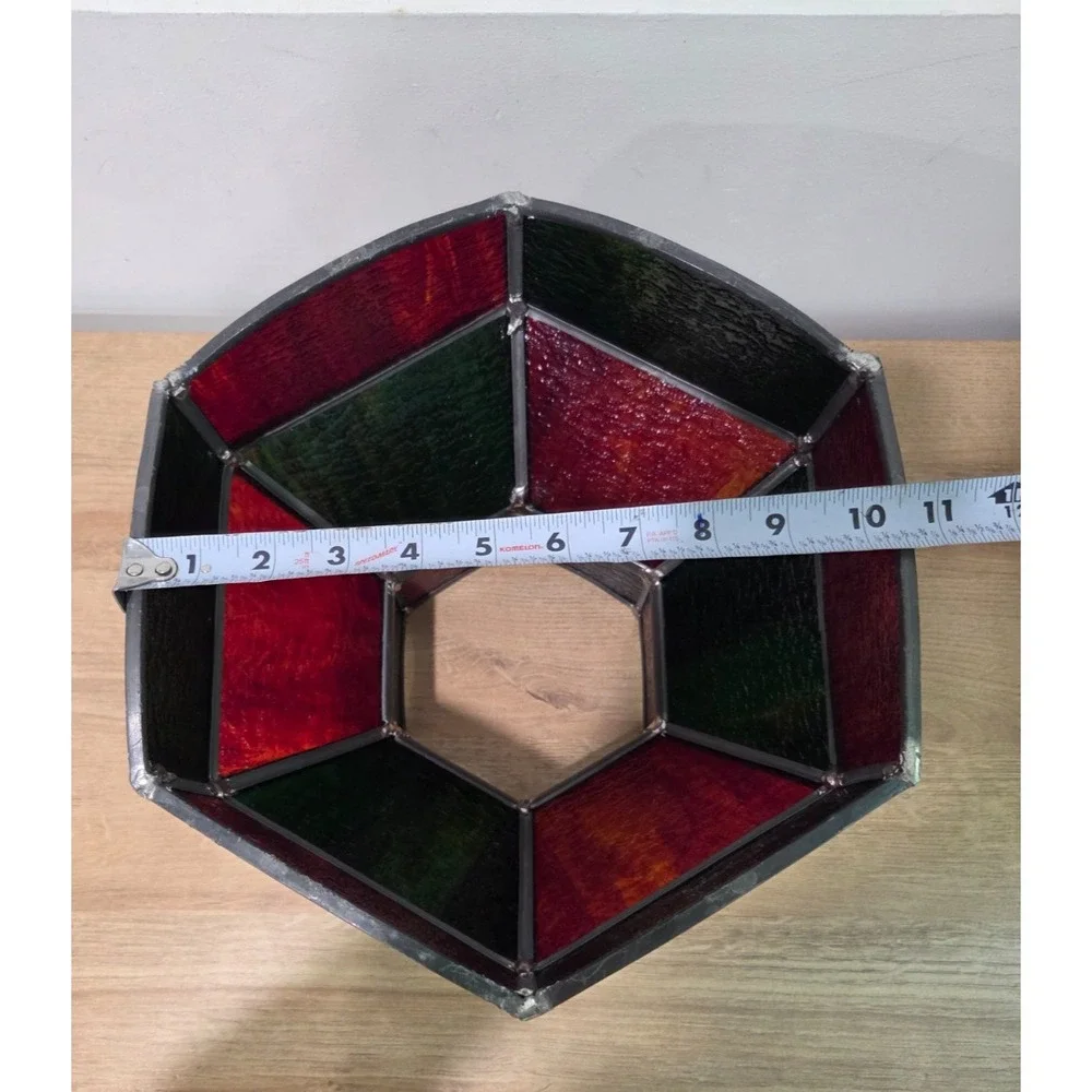 Vintage 60s 70s Midcentury Stained Glass Hanging Bar Lamp Shade Red Green 12''